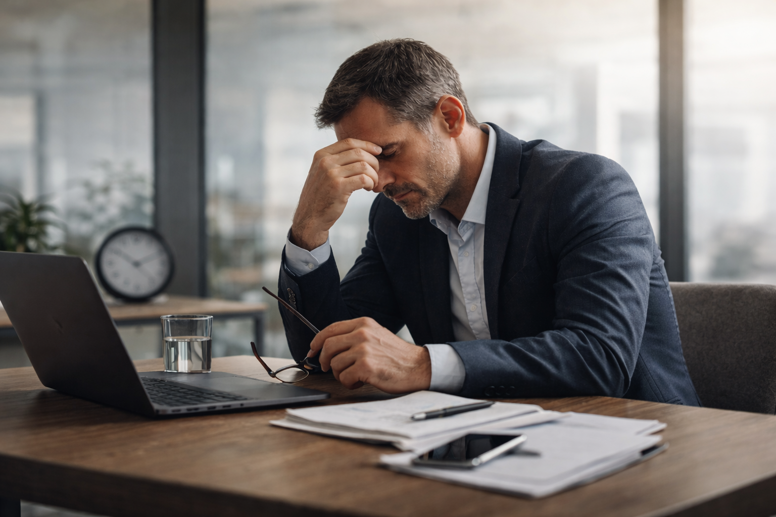 Professional man reflecting at desk looking concerned