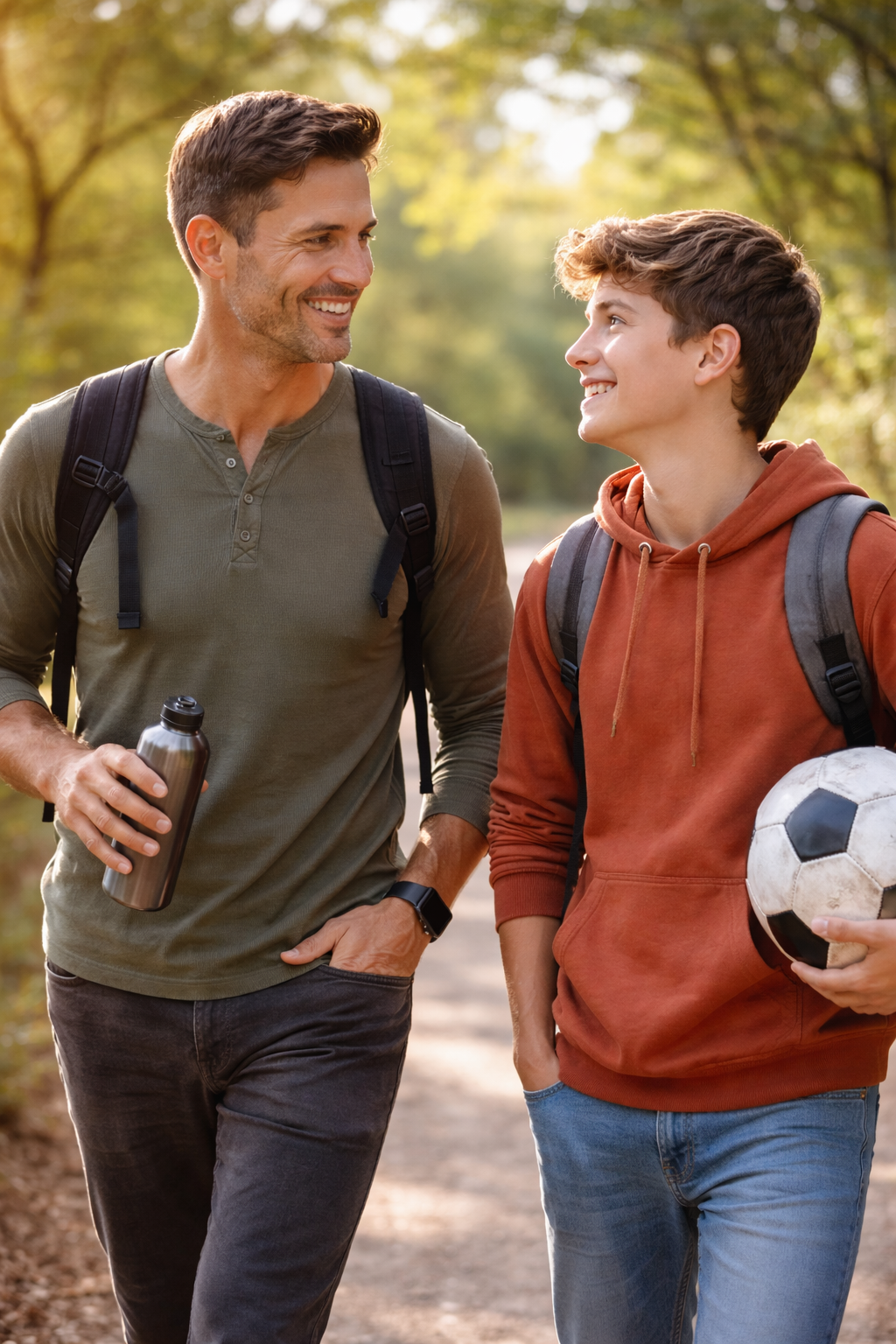 Man and teenage boy walking outdoors in conversation